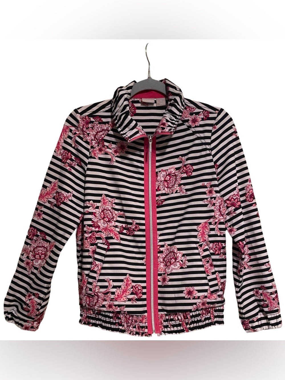 Zenergy By Chico's women's rain jacket Floral with stripes